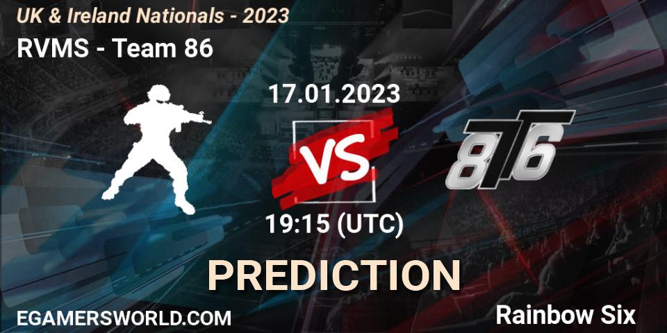 RVMS contre Team 86 : prédiction de match. 17.01.2023 at 19:15. Rainbow Six, UK & Ireland Nationals - 2023