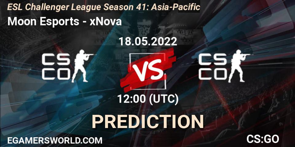 Moon Esports contre xNova : prédiction de match. 18.05.2022 at 12:00. Counter-Strike (CS2), ESL Challenger League Season 41: Asia-Pacific