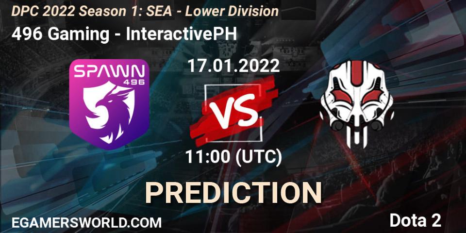 496 Gaming contre InteractivePH : prédiction de match. 17.01.2022 at 11:00. Dota 2, DPC 2022 Season 1: SEA - Lower Division