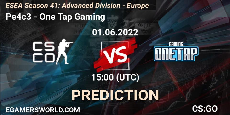 Pe4c3 contre One Tap Gaming : prédiction de match. 01.06.2022 at 15:00. Counter-Strike (CS2), ESEA Season 41: Advanced Division - Europe