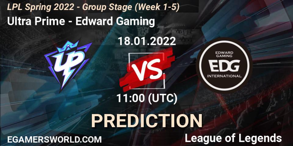 Ultra Prime contre Edward Gaming : prédiction de match. 18.01.2022 at 11:30. LoL, LPL Spring 2022 - Group Stage (Week 1-5)
