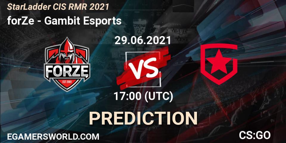 forZe contre Gambit Esports : prédiction de match. 29.06.2021 at 17:00. Counter-Strike (CS2), StarLadder CIS RMR 2021