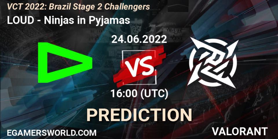 LOUD contre Ninjas in Pyjamas : prédiction de match. 24.06.2022 at 16:15. VALORANT, VCT 2022: Brazil Stage 2 Challengers
