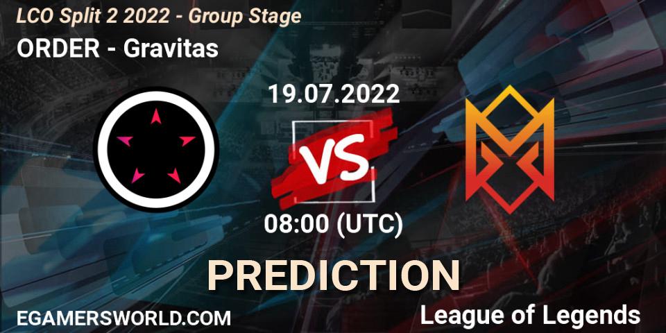 ORDER contre Gravitas : prédiction de match. 19.07.22. LoL, LCO Split 2 2022 - Group Stage