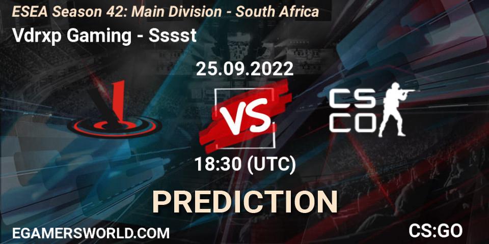 Vdrxp Gaming contre Sssst : prédiction de match. 25.09.2022 at 18:30. Counter-Strike (CS2), ESEA Season 42: Main Division - South Africa