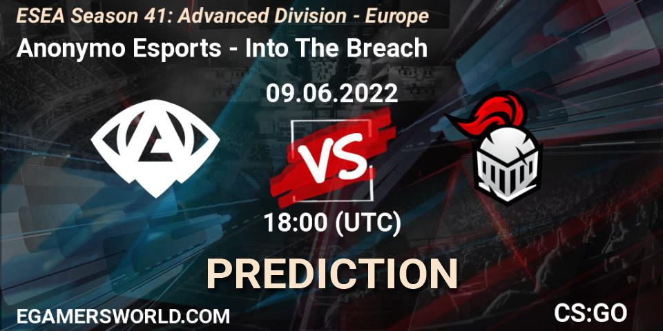 Anonymo Esports contre Into The Breach : prédiction de match. 09.06.2022 at 18:00. Counter-Strike (CS2), ESEA Season 41: Advanced Division - Europe
