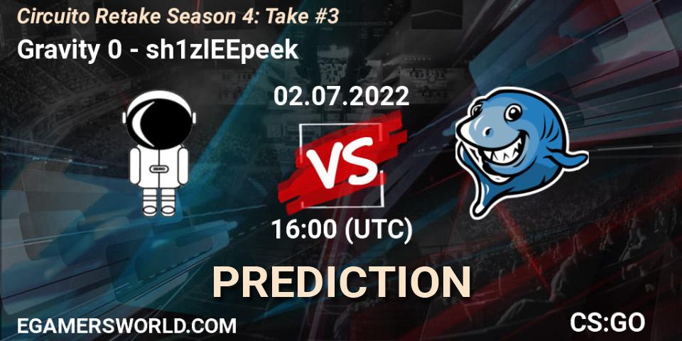 Gravity 0 contre sh1zlEEpeek : prédiction de match. 02.07.2022 at 16:00. Counter-Strike (CS2), Circuito Retake Season 4: Take #3