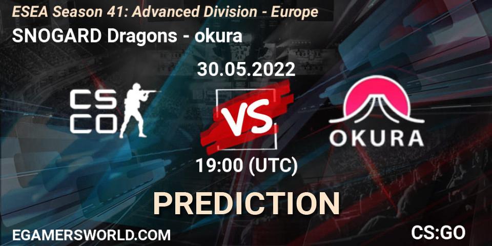SNOGARD Dragons contre okura : prédiction de match. 30.05.2022 at 19:00. Counter-Strike (CS2), ESEA Season 41: Advanced Division - Europe