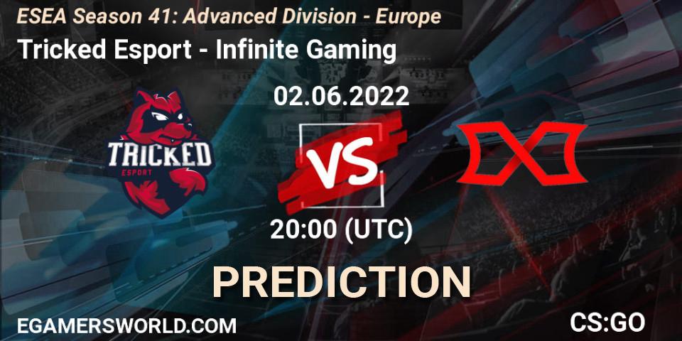 Tricked Esport contre Infinite Gaming : prédiction de match. 02.06.2022 at 20:00. Counter-Strike (CS2), ESEA Season 41: Advanced Division - Europe