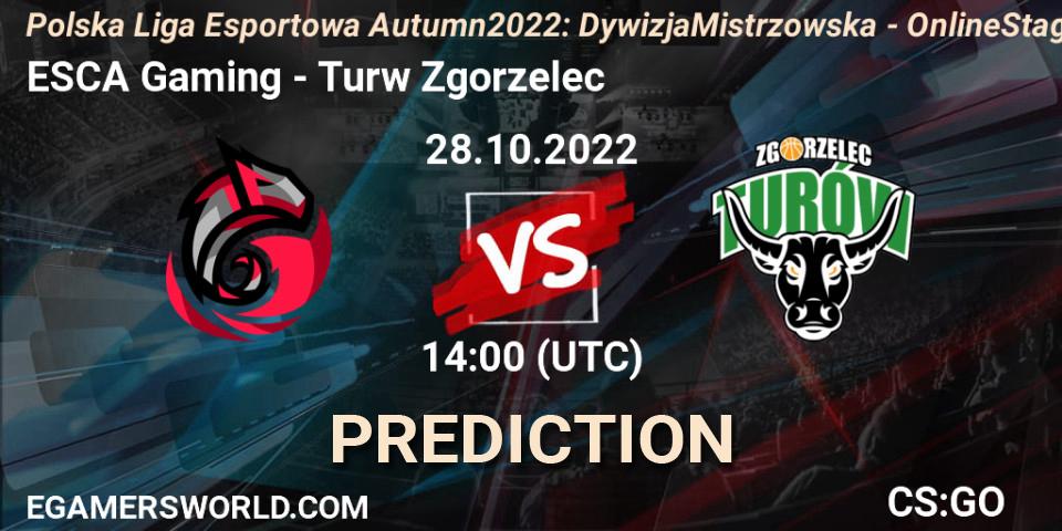 ESCA Gaming contre Turów Zgorzelec : prédiction de match. 28.10.2022 at 14:00. Counter-Strike (CS2), Polska Liga Esportowa Autumn 2022: Dywizja Mistrzowska - Online Stage