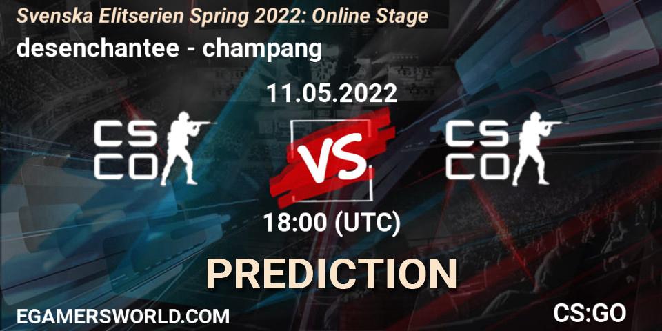 desenchantee contre champang : prédiction de match. 11.05.2022 at 18:00. Counter-Strike (CS2), Svenska Elitserien Spring 2022: Online Stage