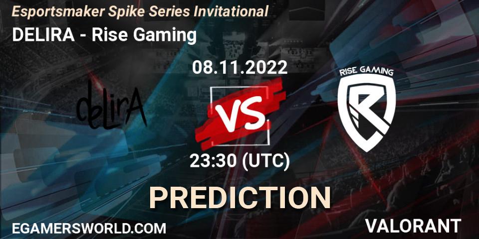 DELIRA contre Rise Gaming : prédiction de match. 09.11.2022 at 01:00. VALORANT, Esportsmaker Spike Series Invitational