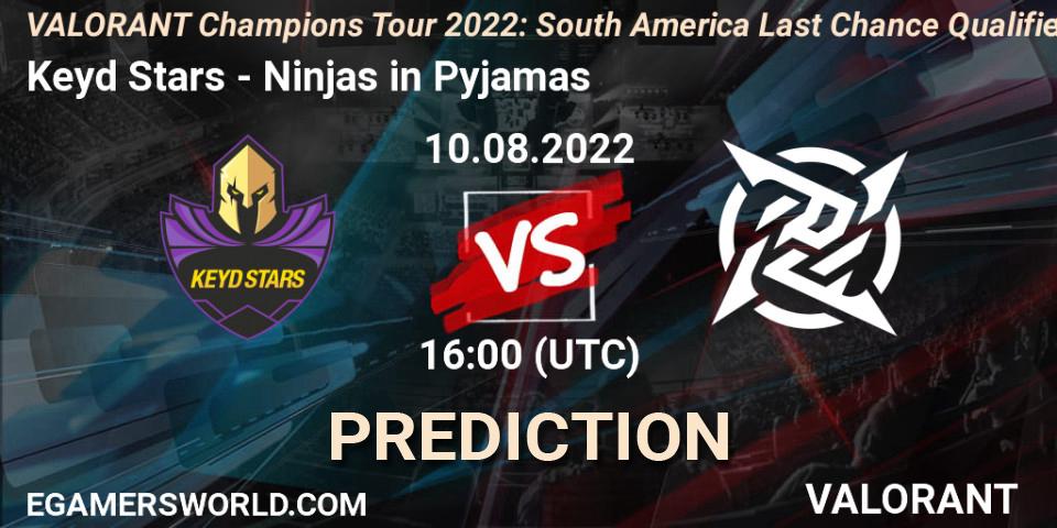 Keyd Stars contre Ninjas in Pyjamas : prédiction de match. 10.08.2022 at 19:00. VALORANT, VCT 2022: South America Last Chance Qualifier