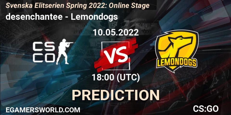 desenchantee contre Lemondogs : prédiction de match. 10.05.2022 at 18:00. Counter-Strike (CS2), Svenska Elitserien Spring 2022: Online Stage