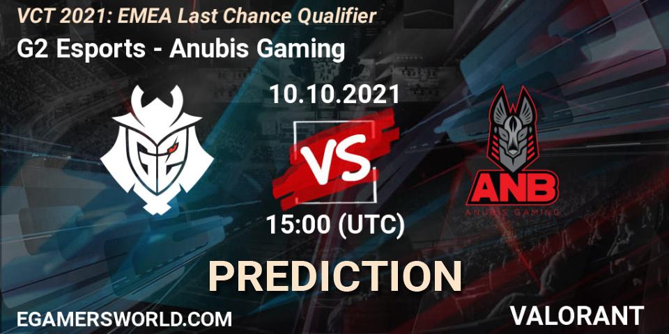 G2 Esports contre Anubis Gaming : prédiction de match. 10.10.2021 at 15:00. VALORANT, VCT 2021: EMEA Last Chance Qualifier