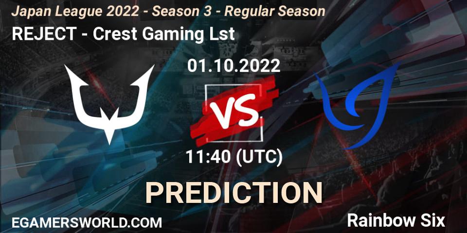 REJECT contre Crest Gaming Lst : prédiction de match. 01.10.2022 at 11:40. Rainbow Six, Japan League 2022 - Season 3 - Regular Season