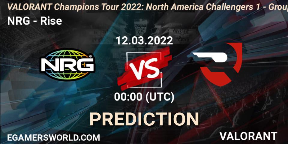 NRG contre Rise : prédiction de match. 12.03.2022 at 00:00. VALORANT, VCT 2022: North America Challengers 1 - Group Stage