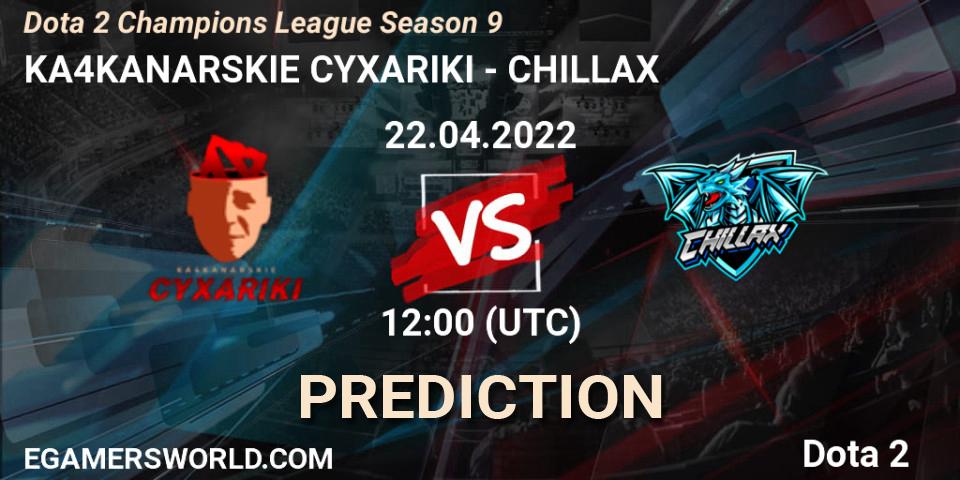 KA4KANARSKIE CYXARIKI contre CHILLAX : prédiction de match. 22.04.2022 at 12:00. Dota 2, Dota 2 Champions League Season 9