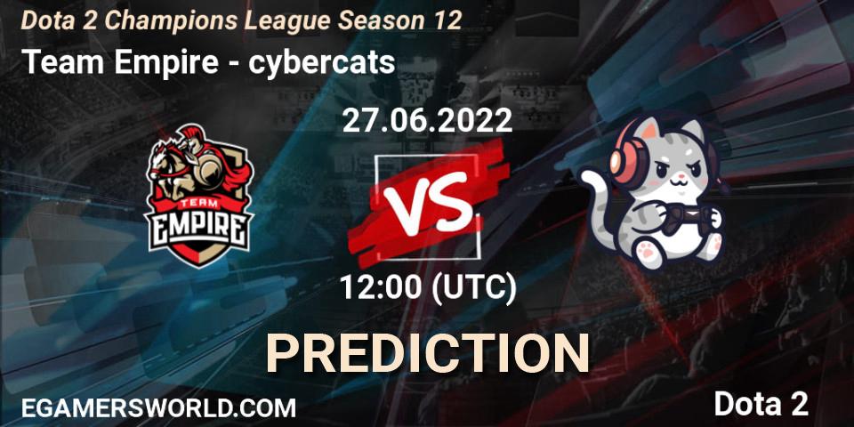 Team Empire contre cybercats : prédiction de match. 27.06.2022 at 12:00. Dota 2, Dota 2 Champions League Season 12