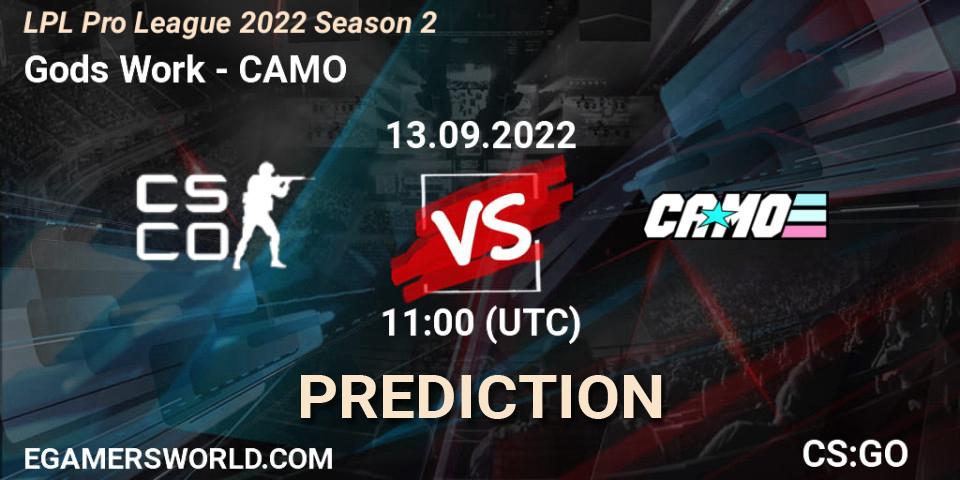 Gods Work contre CAMO : prédiction de match. 20.09.2022 at 10:30. Counter-Strike (CS2), LPL Pro League 2022 Season 2