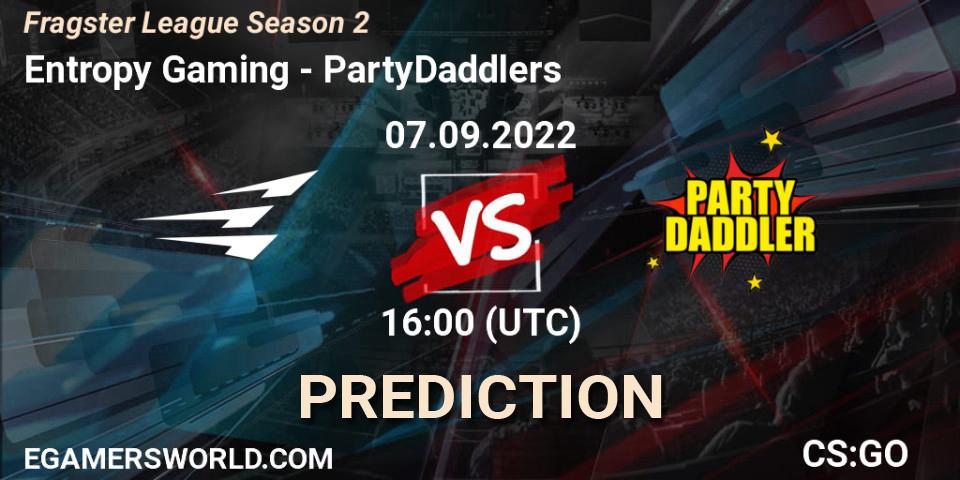 Entropy Gaming contre PartyDaddlers : prédiction de match. 25.09.2022 at 16:00. Counter-Strike (CS2), Fragster League Season 2
