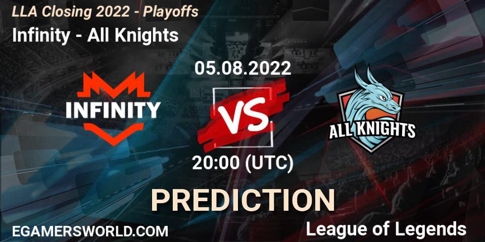 Infinity contre All Knights : prédiction de match. 05.08.2022 at 20:00. LoL, LLA Closing 2022 - Playoffs