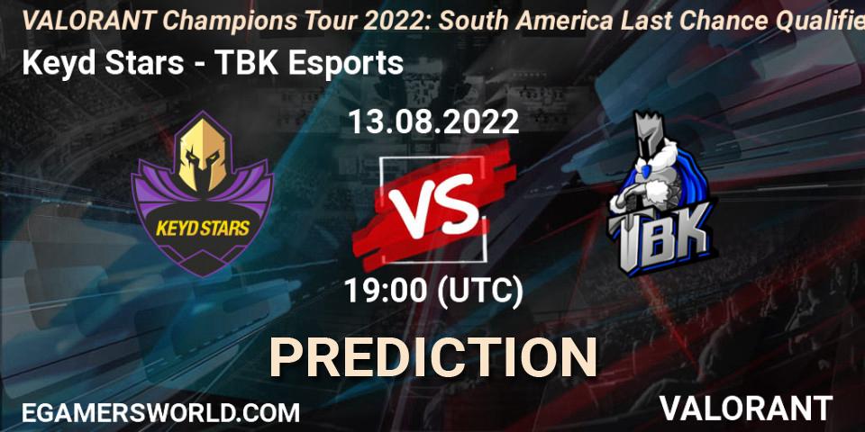 Keyd Stars contre TBK Esports : prédiction de match. 13.08.2022 at 16:20. VALORANT, VCT 2022: South America Last Chance Qualifier