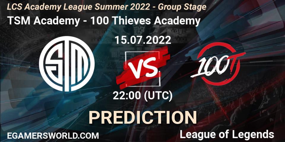 TSM Academy contre 100 Thieves Academy : prédiction de match. 15.07.2022 at 22:00. LoL, LCS Academy League Summer 2022 - Group Stage