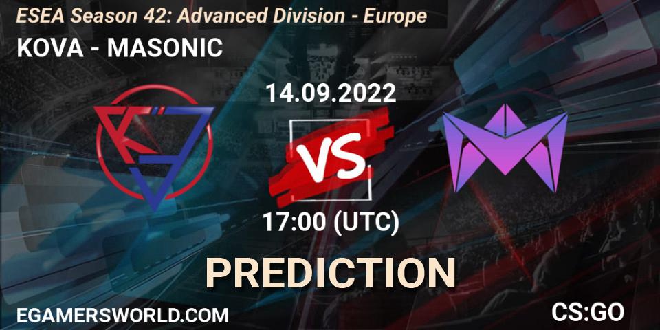 KOVA contre MASONIC : prédiction de match. 14.09.22. CS2 (CS:GO), ESEA Season 42: Advanced Division - Europe