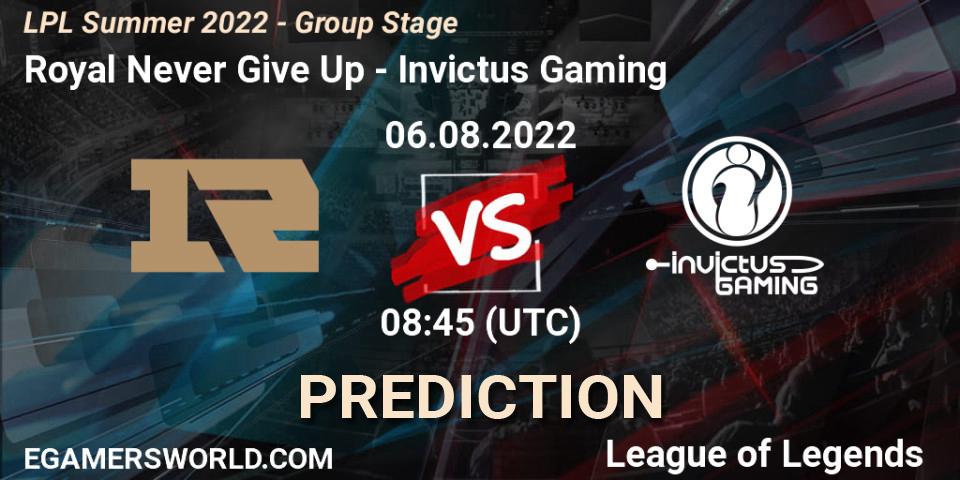 Royal Never Give Up contre Invictus Gaming : prédiction de match. 06.08.22. LoL, LPL Summer 2022 - Group Stage