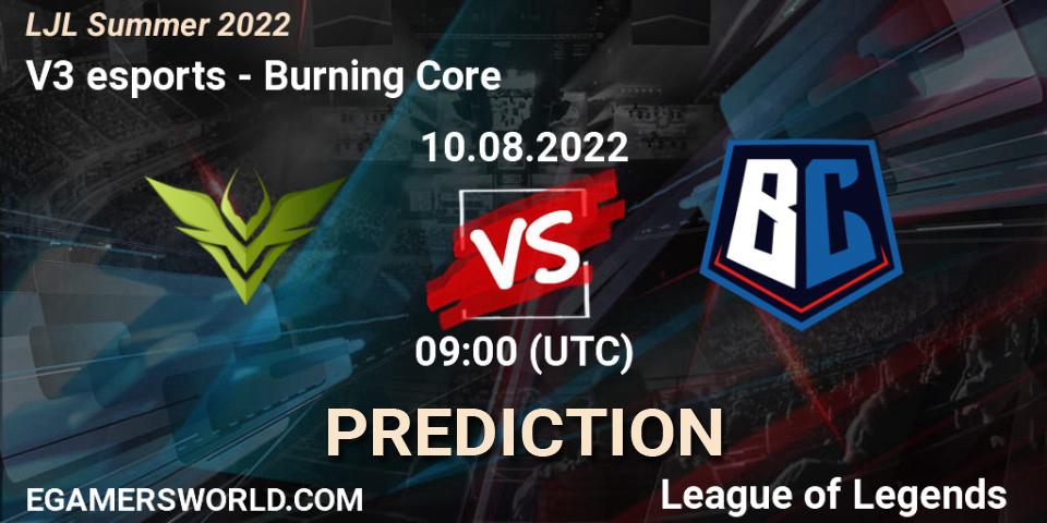 V3 esports contre Burning Core : prédiction de match. 10.08.2022 at 09:00. LoL, LJL Summer 2022