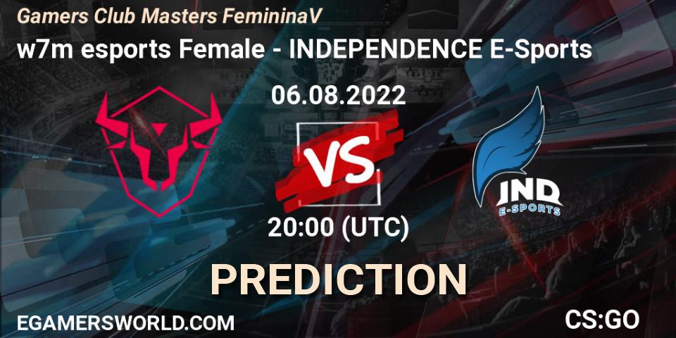 w7m esports Female contre INDEPENDENCE E-Sports : prédiction de match. 06.08.2022 at 20:00. Counter-Strike (CS2), Gamers Club Masters Feminina V