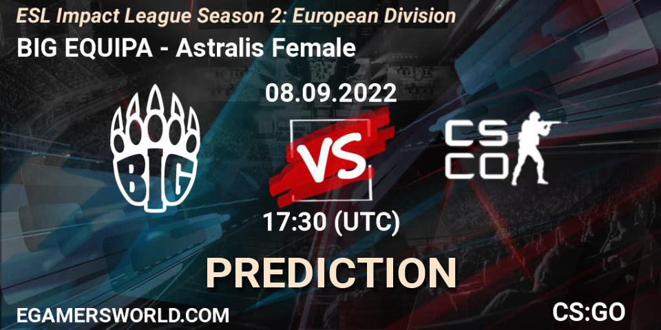 BIG EQUIPA contre Astralis Female : prédiction de match. 08.09.2022 at 17:30. Counter-Strike (CS2), ESL Impact League Season 2: European Division