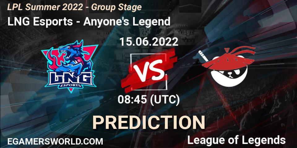 LNG Esports contre Anyone's Legend : prédiction de match. 15.06.2022 at 09:00. LoL, LPL Summer 2022 - Group Stage