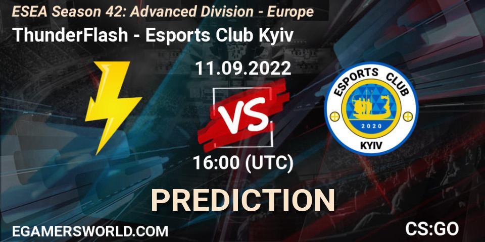 ThunderFlash contre Esports Club Kyiv : prédiction de match. 11.09.2022 at 16:00. Counter-Strike (CS2), ESEA Season 42: Advanced Division - Europe