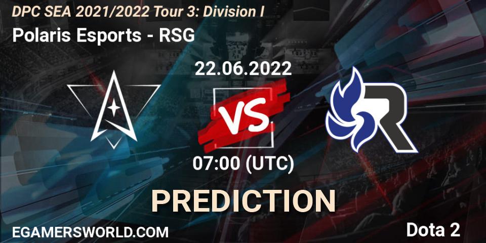 Polaris Esports contre RSG : prédiction de match. 22.06.2022 at 07:07. Dota 2, DPC SEA 2021/2022 Tour 3: Division I