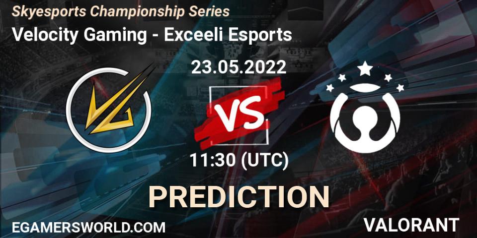 Velocity Gaming contre Exceeli Esports : prédiction de match. 23.05.2022 at 11:30. VALORANT, Skyesports Championship Series
