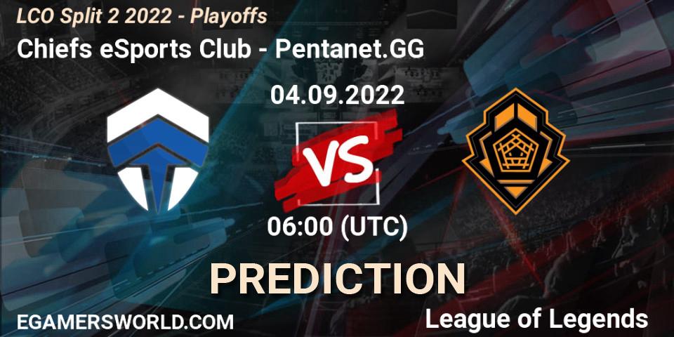 Chiefs eSports Club contre Pentanet.GG : prédiction de match. 04.09.2022 at 06:00. LoL, LCO Split 2 2022 - Playoffs