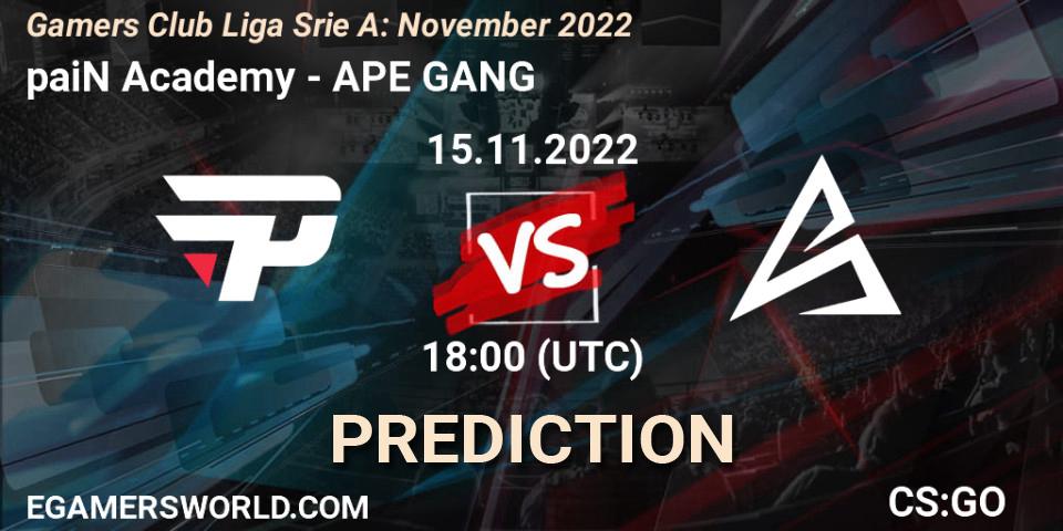 paiN Academy contre APE GANG : prédiction de match. 15.11.2022 at 18:00. Counter-Strike (CS2), Gamers Club Liga Série A: November 2022