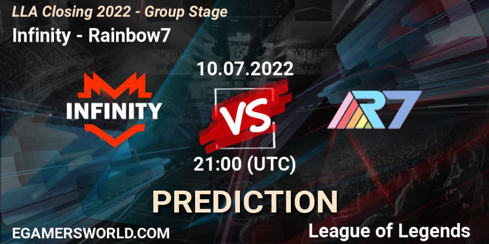 Infinity contre Rainbow7 : prédiction de match. 10.07.2022 at 21:00. LoL, LLA Closing 2022 - Group Stage