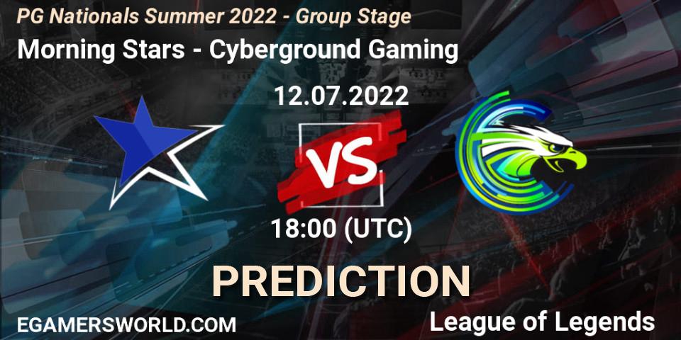Morning Stars contre Cyberground Gaming : prédiction de match. 12.07.2022 at 18:00. LoL, PG Nationals Summer 2022 - Group Stage