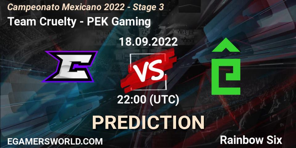 Team Cruelty contre PÊEK Gaming : prédiction de match. 18.09.2022 at 22:00. Rainbow Six, Campeonato Mexicano 2022 - Stage 3