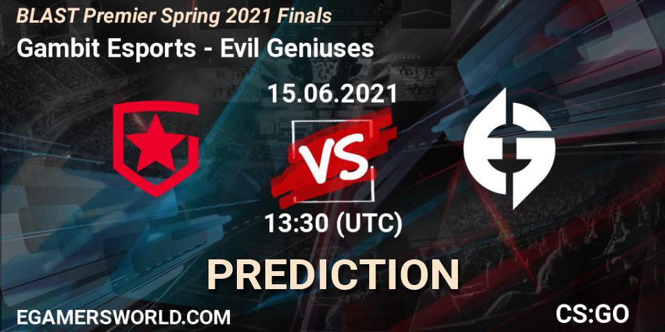 Gambit Esports contre Evil Geniuses : prédiction de match. 15.06.2021 at 13:30. Counter-Strike (CS2), BLAST Premier Spring 2021 Finals