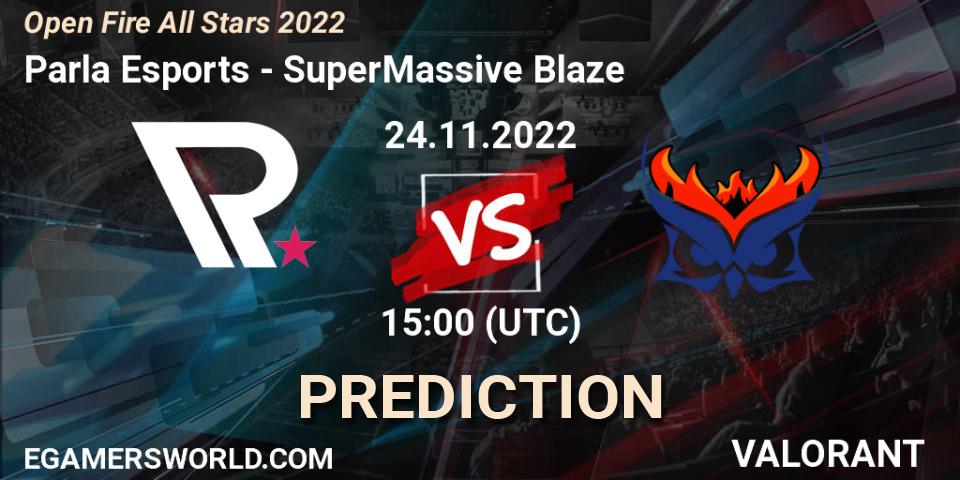 Parla Esports contre SuperMassive Blaze : prédiction de match. 24.11.2022 at 15:10. VALORANT, Open Fire All Stars 2022