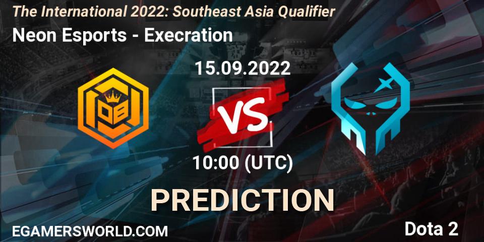 Neon Esports contre Execration : prédiction de match. 15.09.2022 at 09:32. Dota 2, The International 2022: Southeast Asia Qualifier
