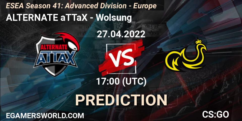 ALTERNATE aTTaX contre Wolsung : prédiction de match. 27.04.2022 at 17:00. Counter-Strike (CS2), ESEA Season 41: Advanced Division - Europe