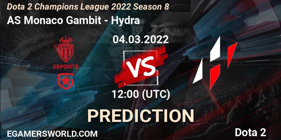 AS Monaco Gambit contre Hydra : prédiction de match. 23.03.2022 at 12:00. Dota 2, Dota 2 Champions League 2022 Season 8