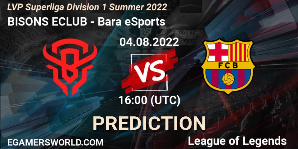 BISONS ECLUB contre Barça eSports : prédiction de match. 04.08.2022 at 16:00. LoL, LVP Superliga Division 1 Summer 2022