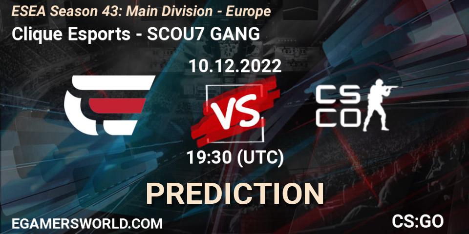 Clique Esports contre SCOU7 GANG : prédiction de match. 10.12.2022 at 19:30. Counter-Strike (CS2), ESEA Season 43: Main Division - Europe