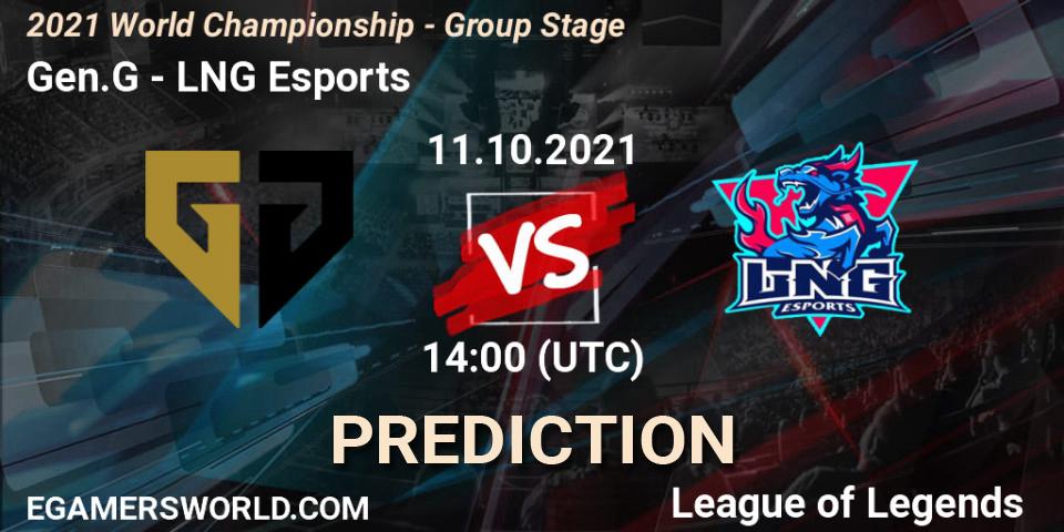 Gen.G contre LNG Esports : prédiction de match. 18.10.2021 at 13:00. LoL, 2021 World Championship - Group Stage